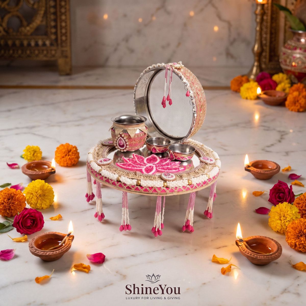 Karwa Chauth Pooja Set — Pink & Gold