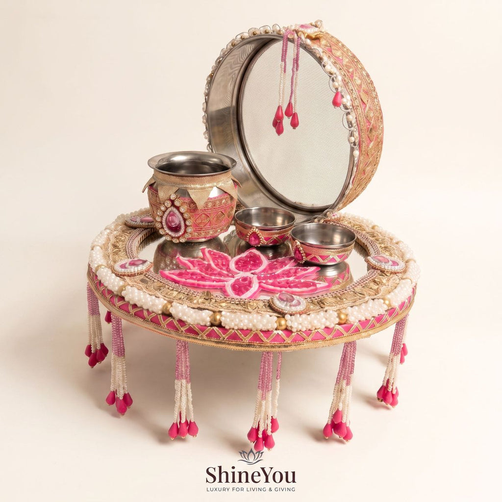 Karwa Chauth Pooja Set — Pink & Gold