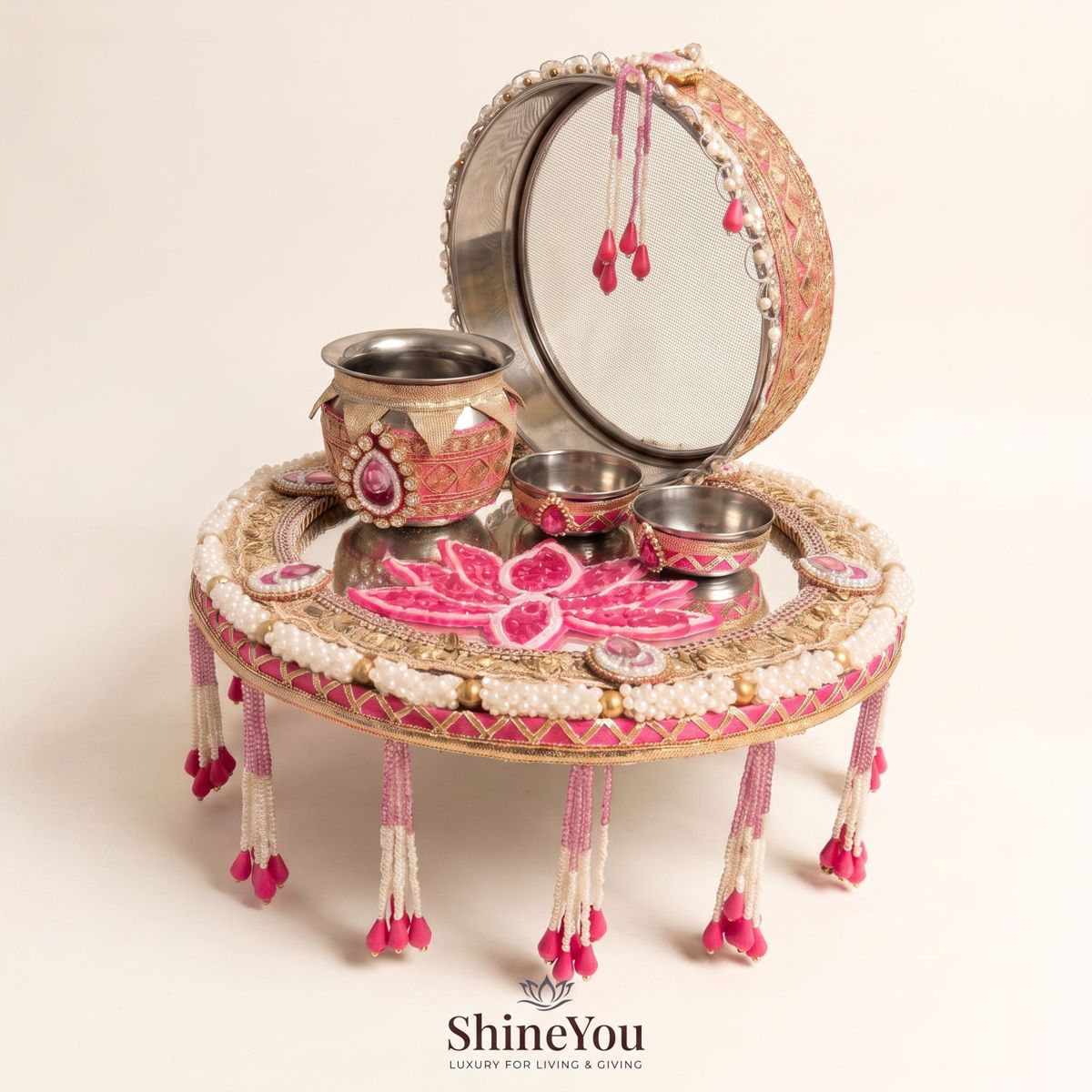 Karwa Chauth Pooja Set — Pink & Gold