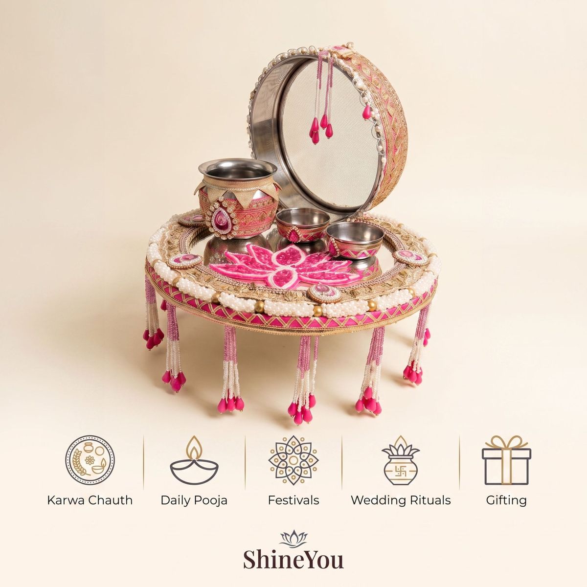 Karwa Chauth Pooja Set — Pink & Gold