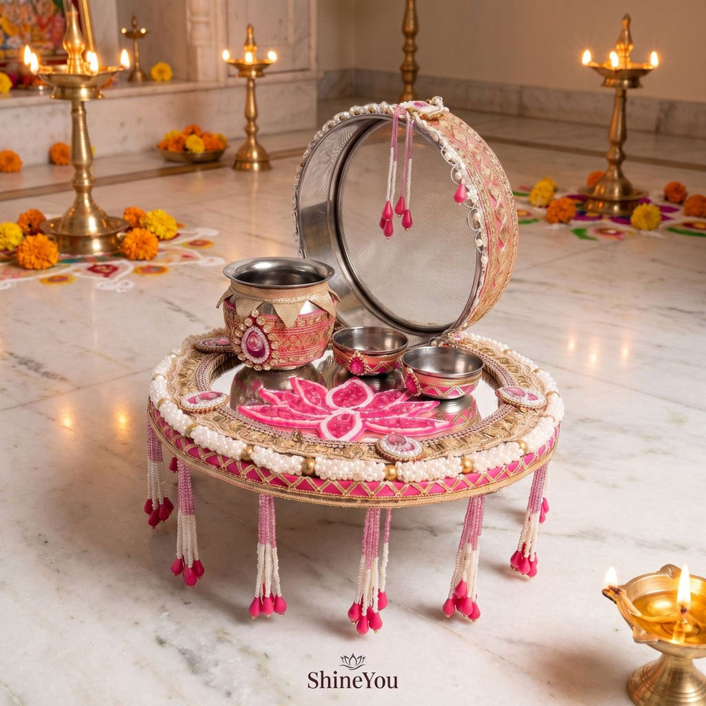 Karwa Chauth Pooja Set — Pink & Gold