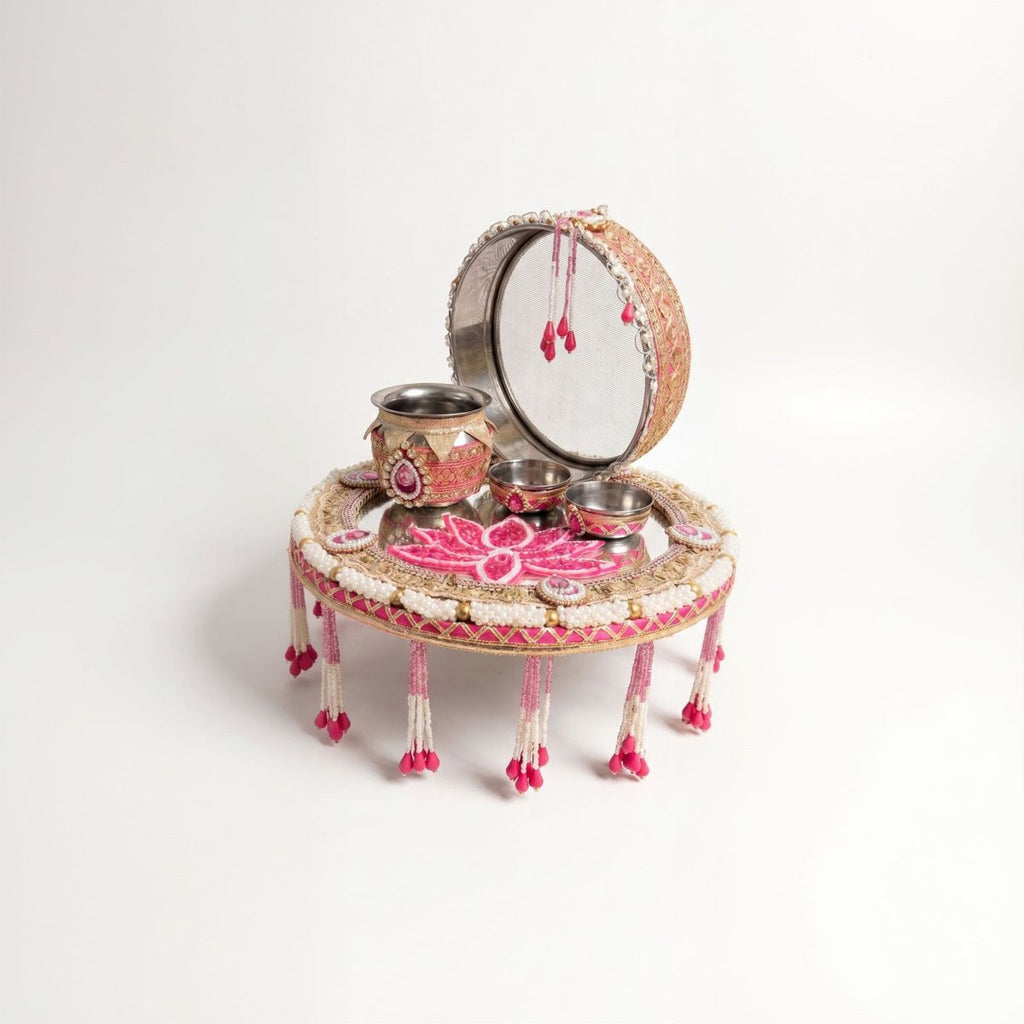 Karwa Chauth Pooja Set — Pink & Gold