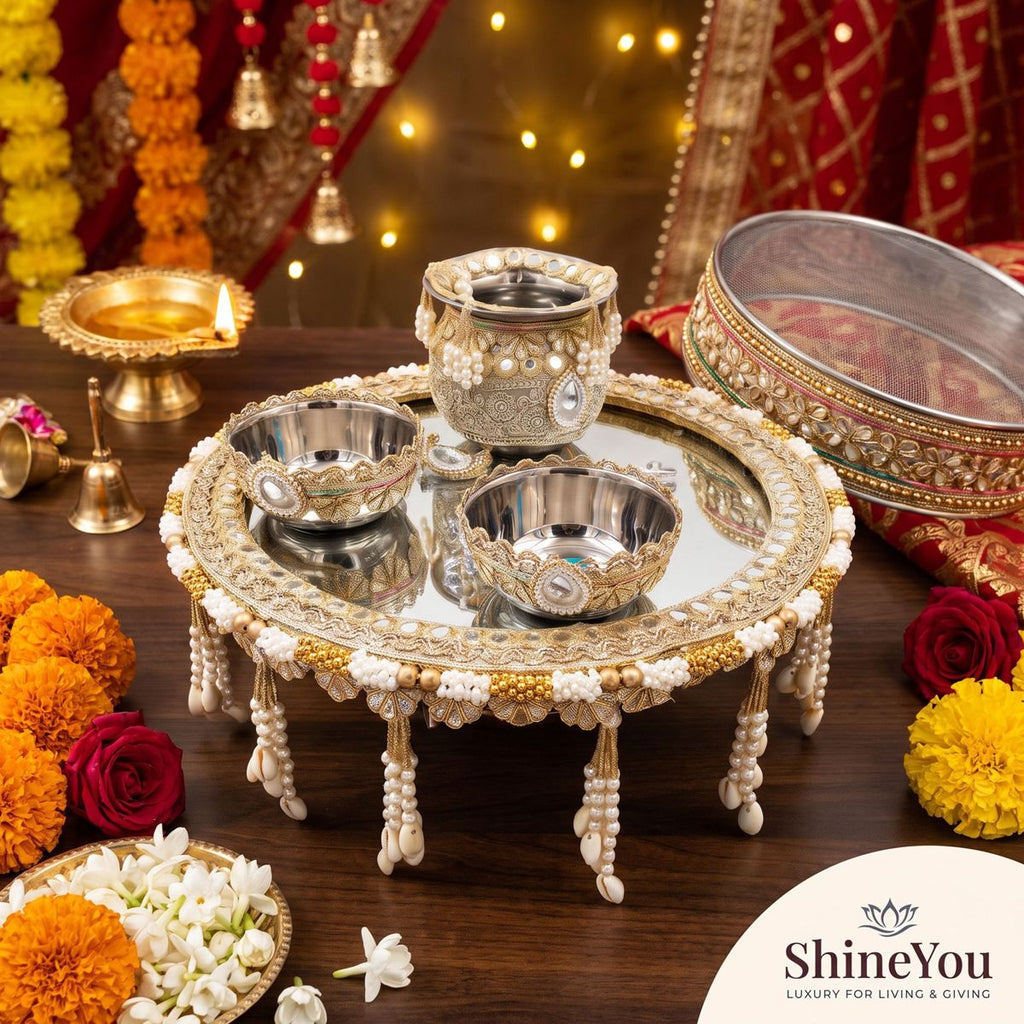 Embellished Mirror Thali with Kalash & Two Vessels
