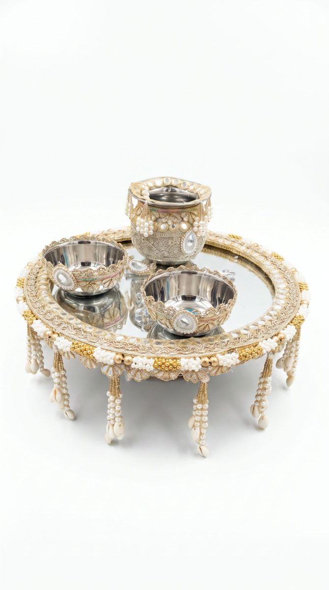 Embellished Mirror Thali with Kalash & Two Vessels