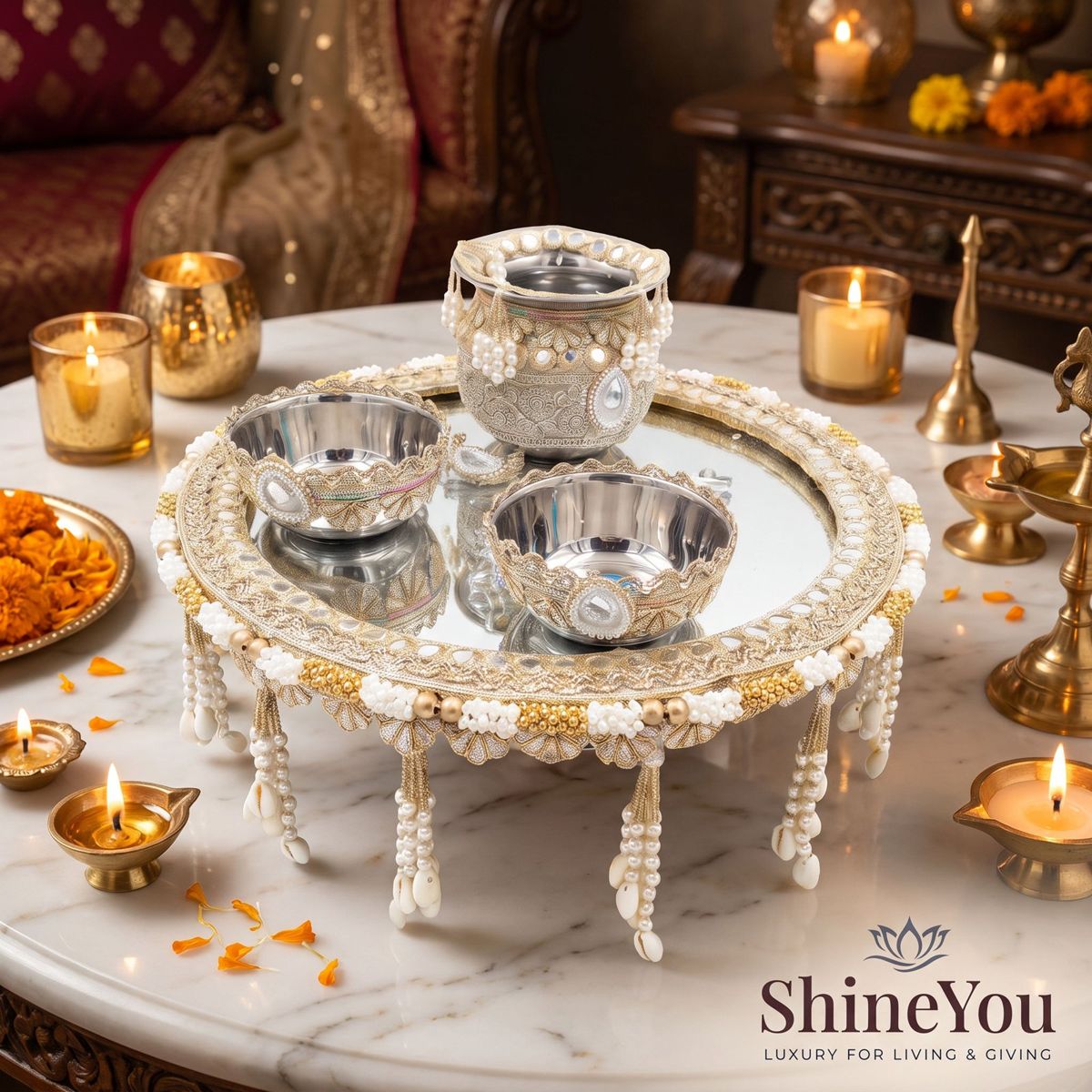 Embellished Mirror Thali with Kalash & Two Vessels