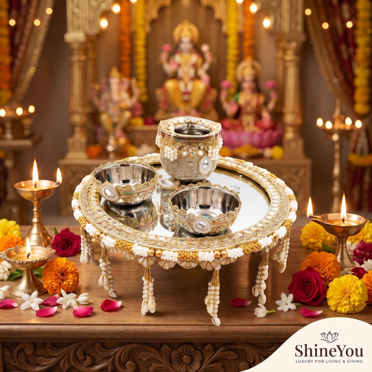 Embellished Mirror Thali with Kalash & Two Vessels