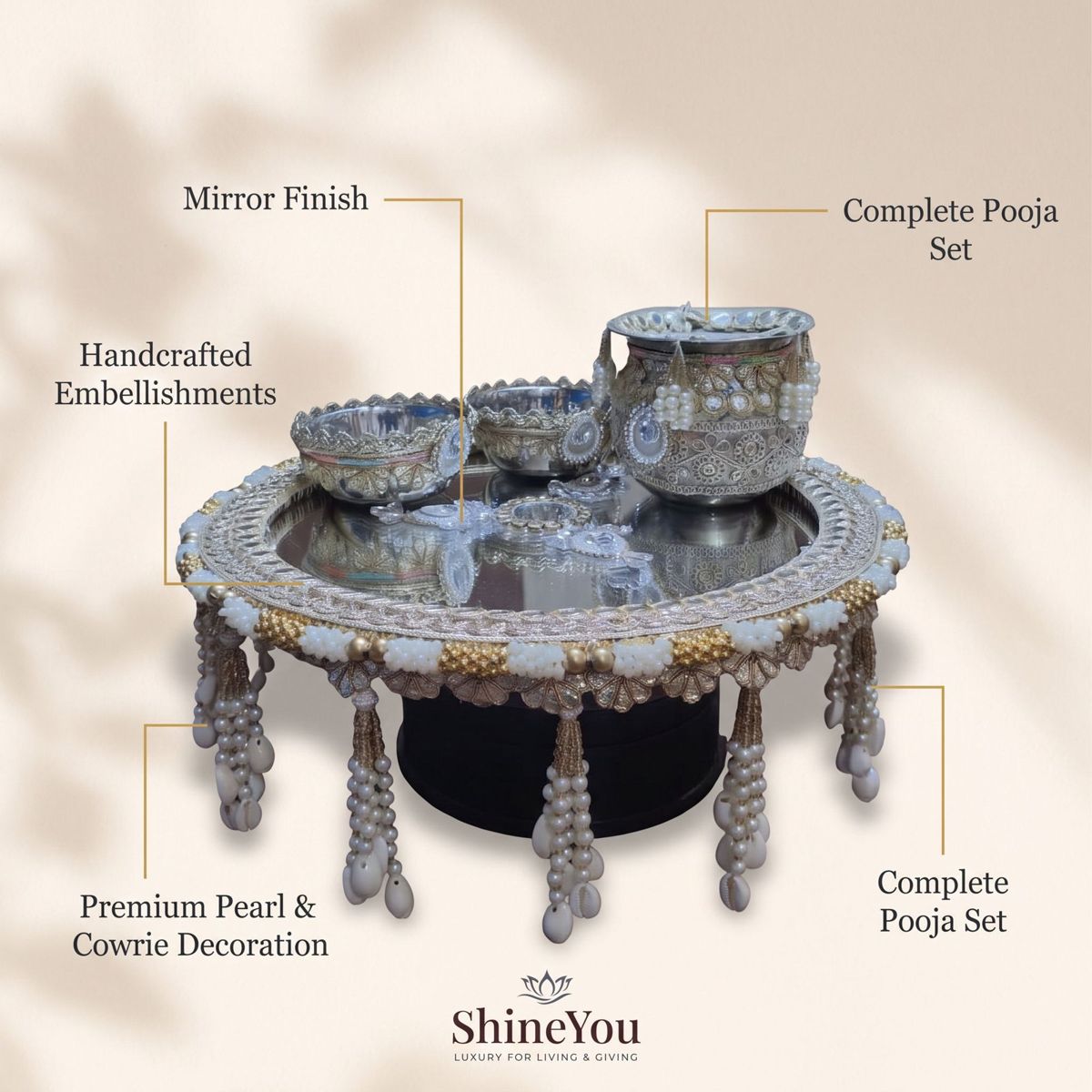 Embellished Mirror Thali with Kalash & Two Vessels