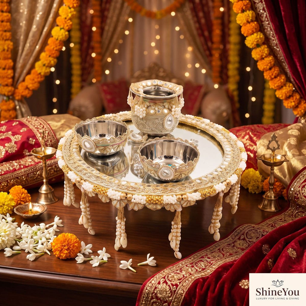 Embellished Mirror Thali with Kalash & Two Vessels
