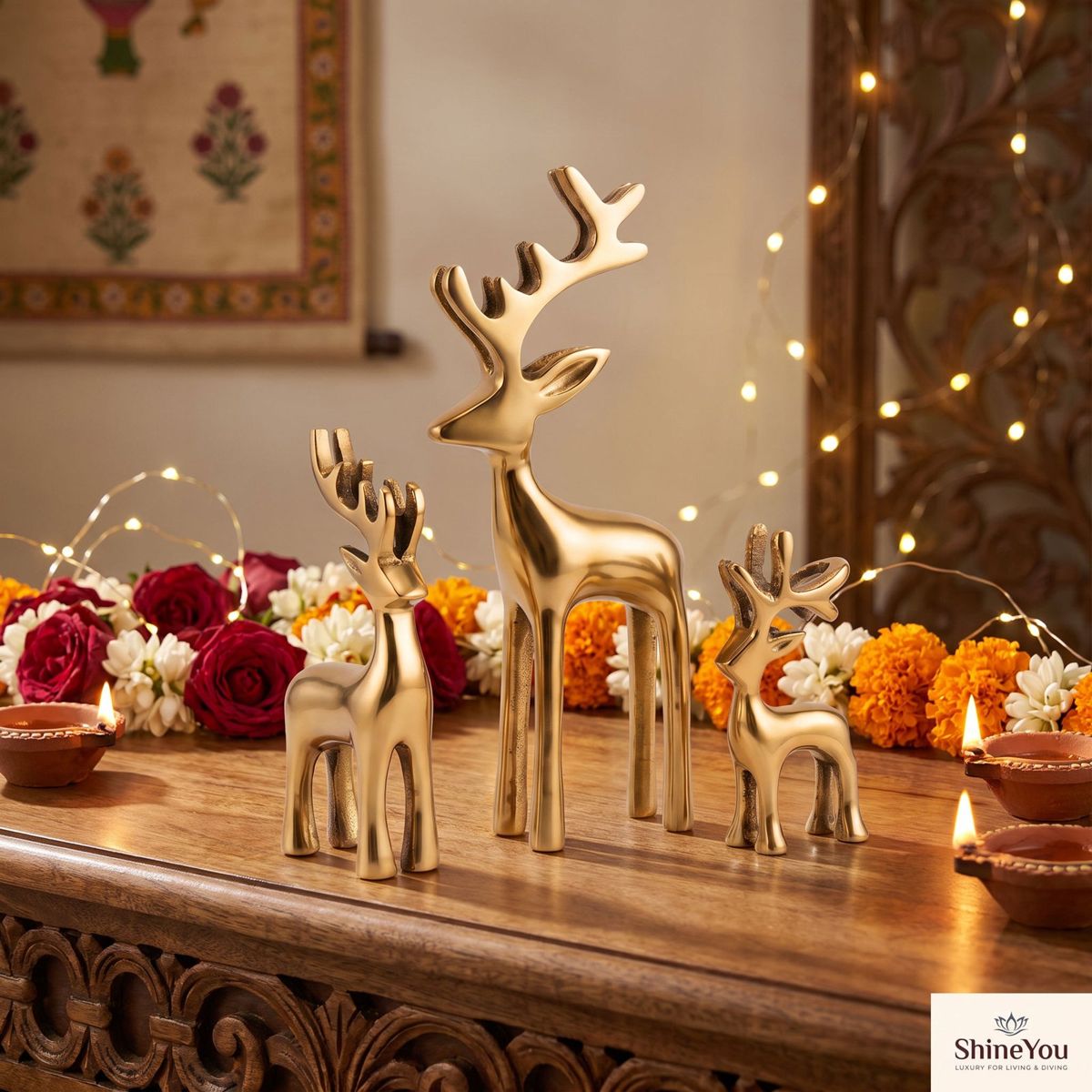 Golden Deer Figurines — Set of Three