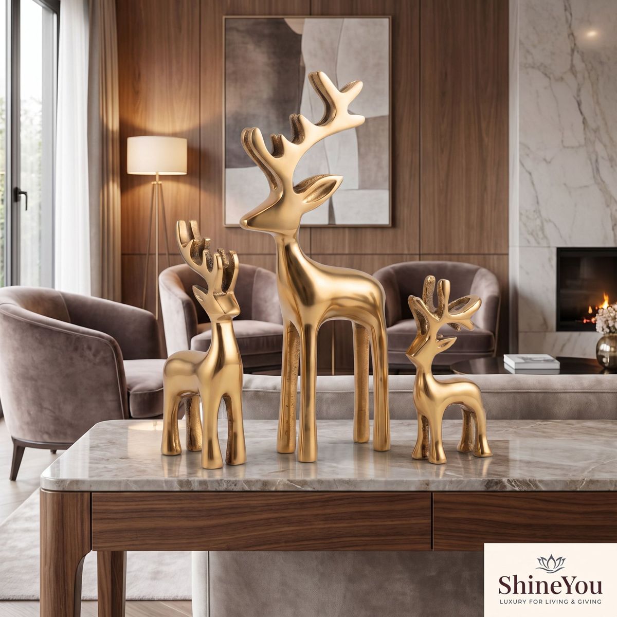 Golden Deer Figurines — Set of Three