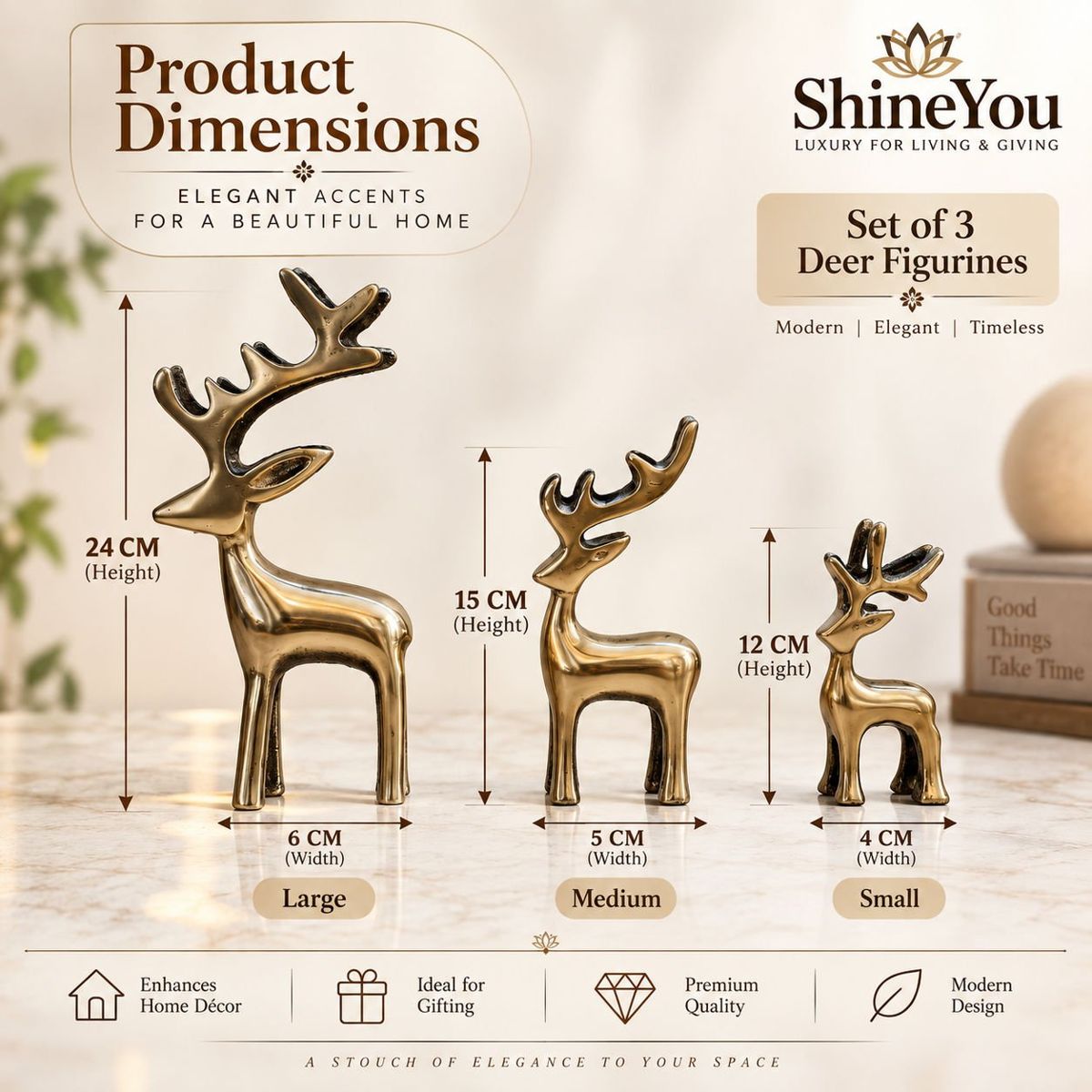 Golden Deer Figurines — Set of Three
