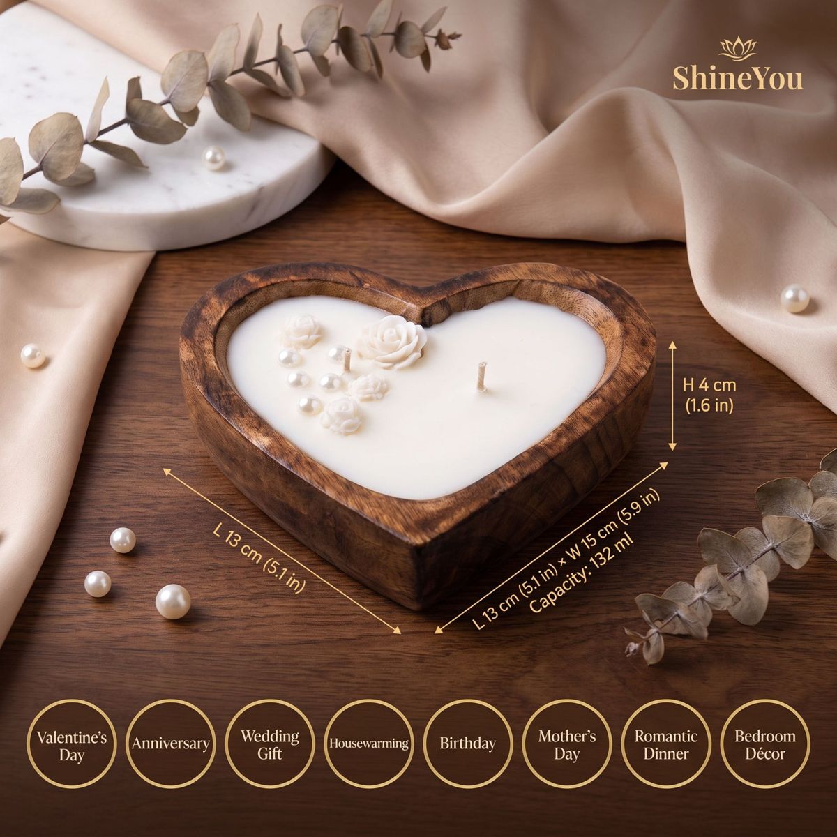 Heart-Shaped Wooden Candle — 132 ml