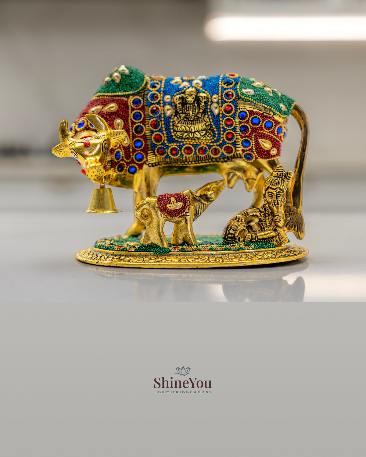 ShineYou Multicolour Kamdhenu Cow with Calf – Decorative Brass Idol with Lakshmi Motif & Lord Shiva