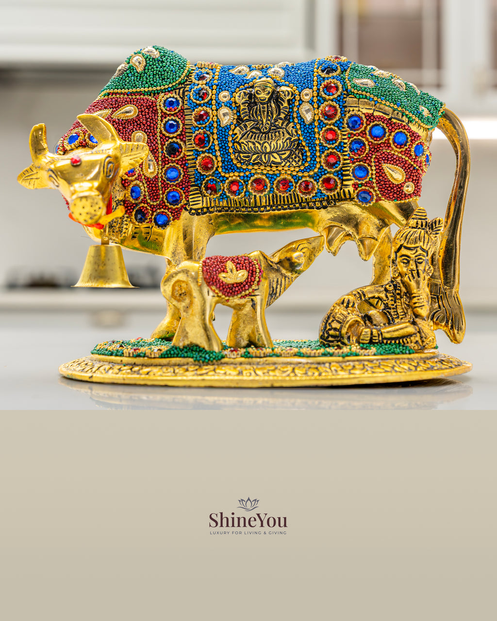ShineYou Multicolour Kamdhenu Cow with Calf – Decorative Brass Idol with Lakshmi Motif & Lord Shiva