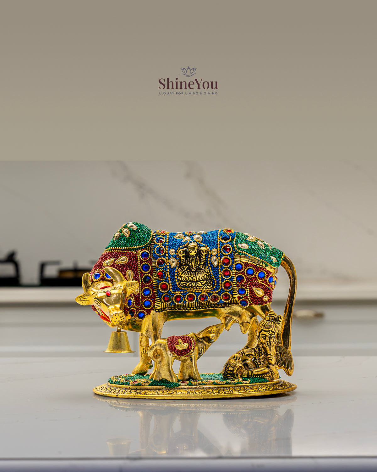 ShineYou Multicolour Kamdhenu Cow with Calf – Decorative Brass Idol with Lakshmi Motif & Lord Shiva