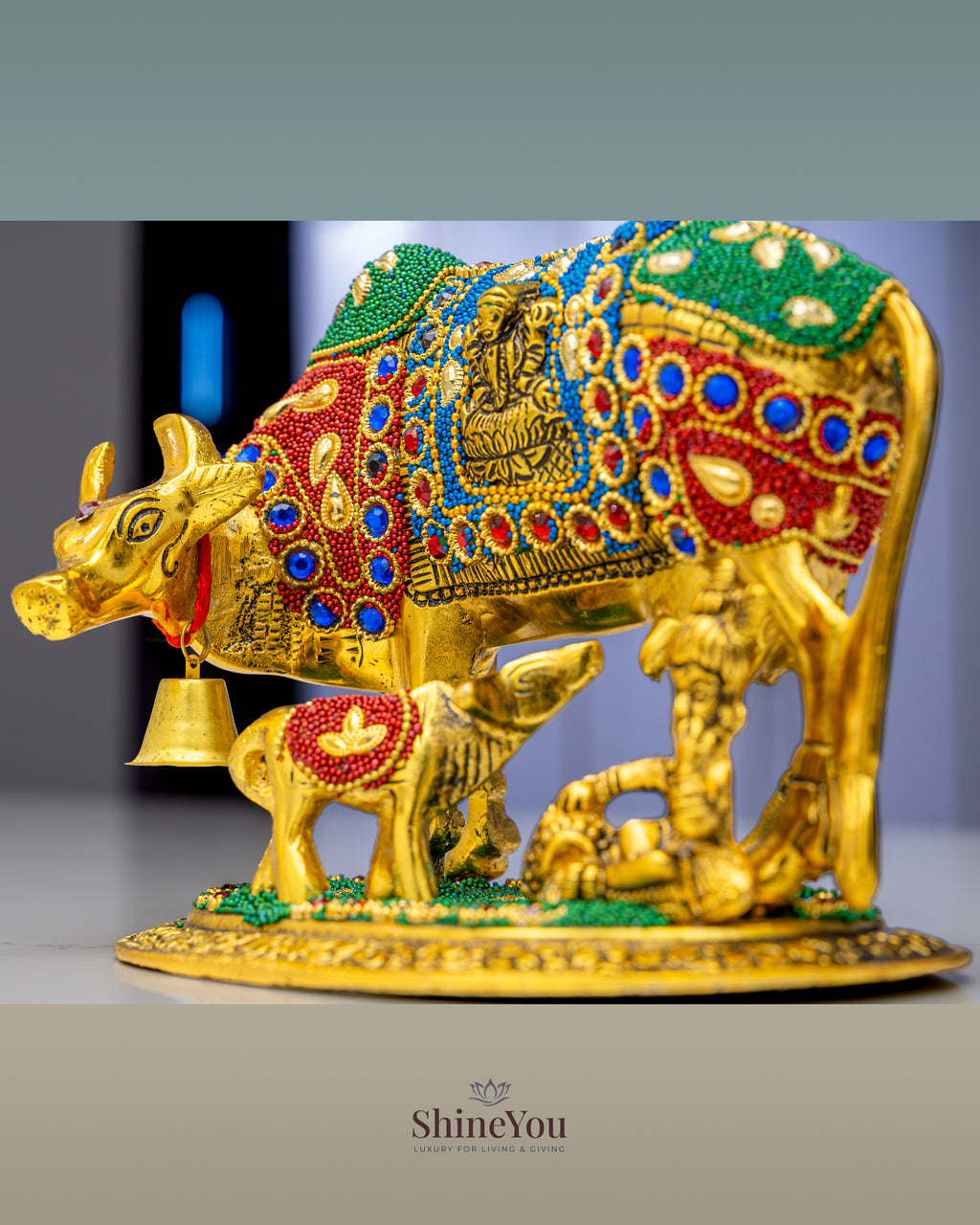 ShineYou Multicolour Kamdhenu Cow with Calf – Decorative Brass Idol with Lakshmi Motif & Lord Shiva