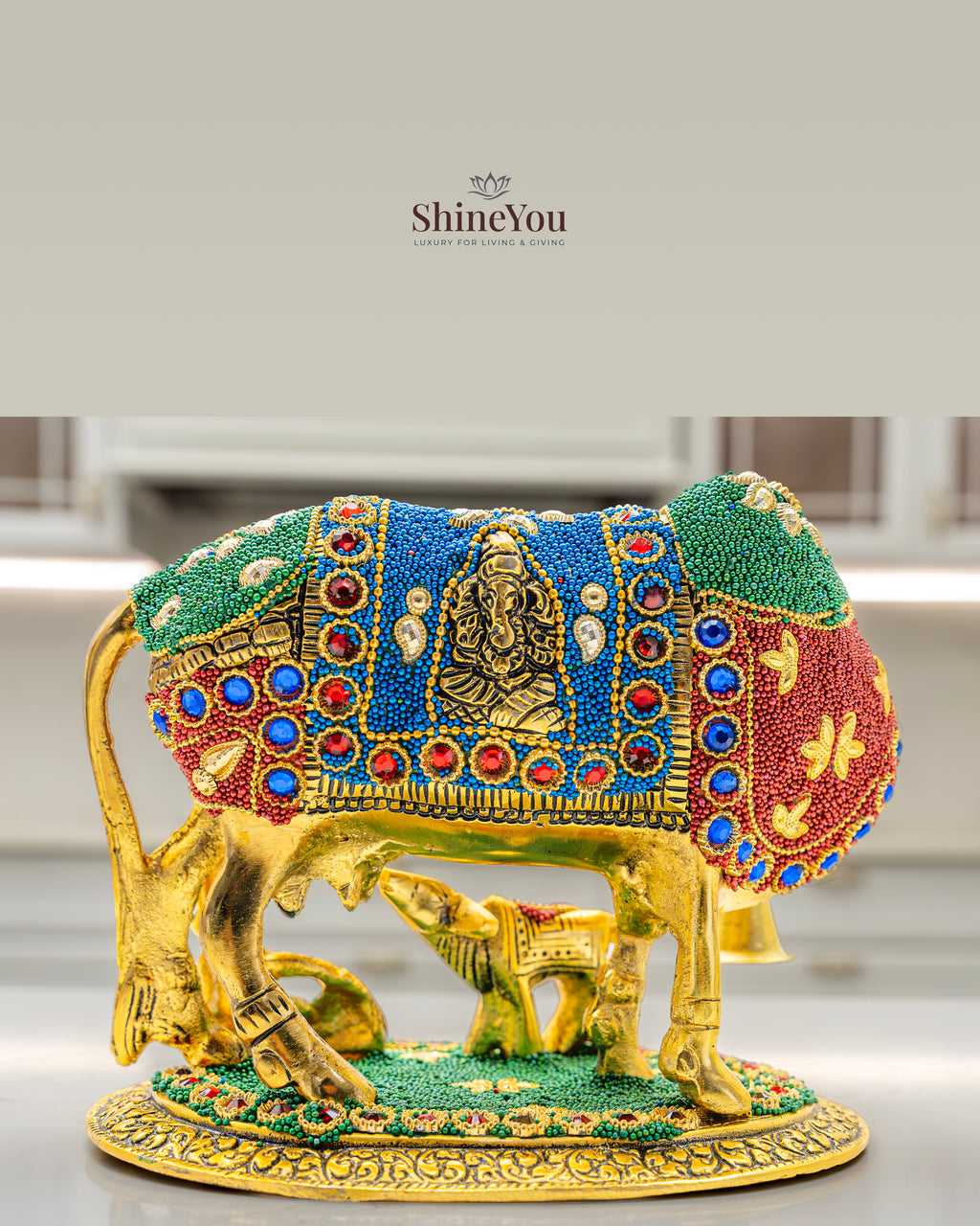 ShineYou Multicolour Kamdhenu Cow with Calf – Decorative Brass Idol with Lakshmi Motif & Lord Shiva