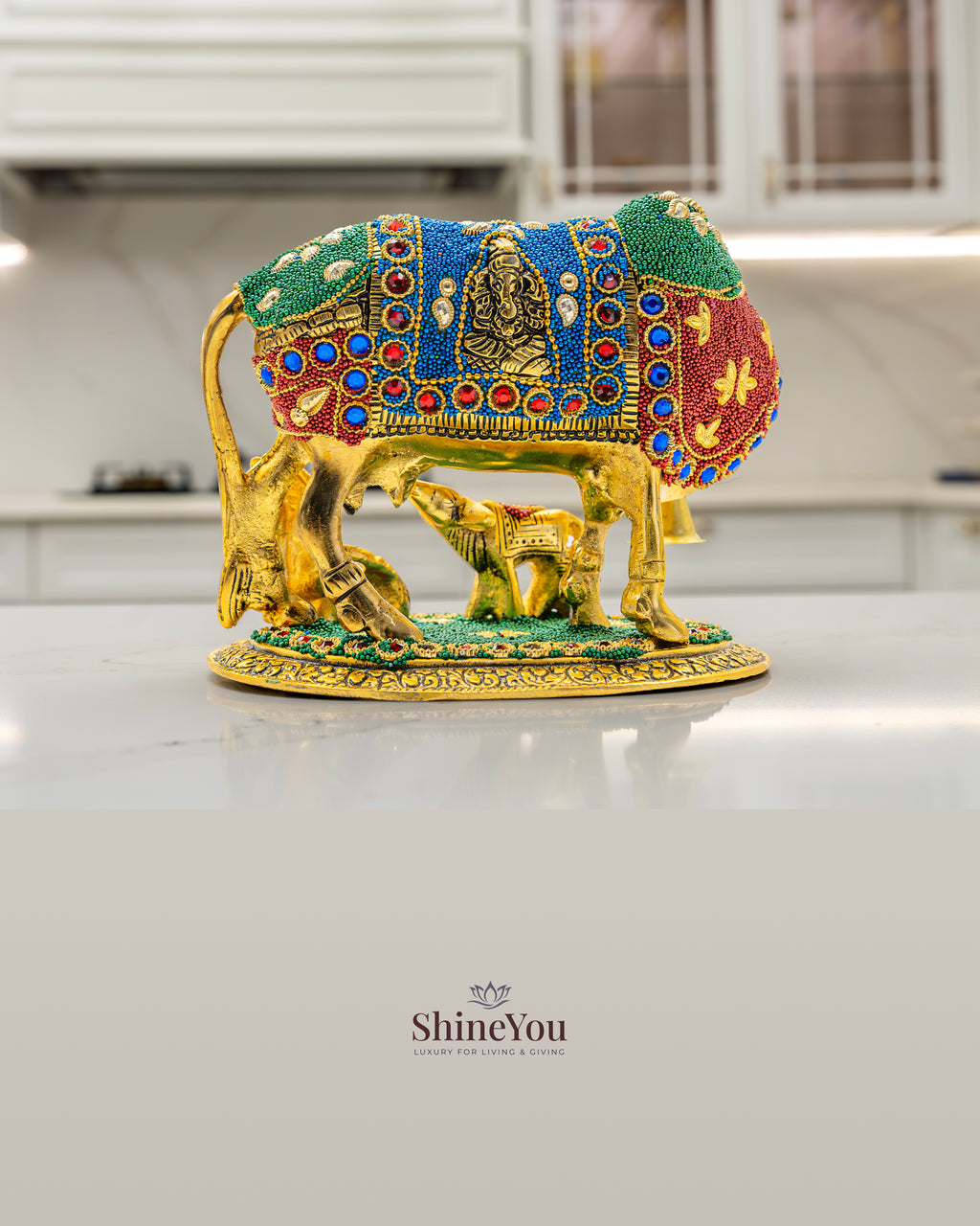 ShineYou Multicolour Kamdhenu Cow with Calf – Decorative Brass Idol with Lakshmi Motif & Lord Shiva