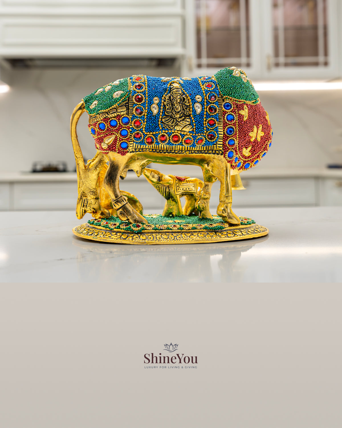 ShineYou Multicolour Kamdhenu Cow with Calf – Decorative Brass Idol with Lakshmi Motif & Lord Shiva