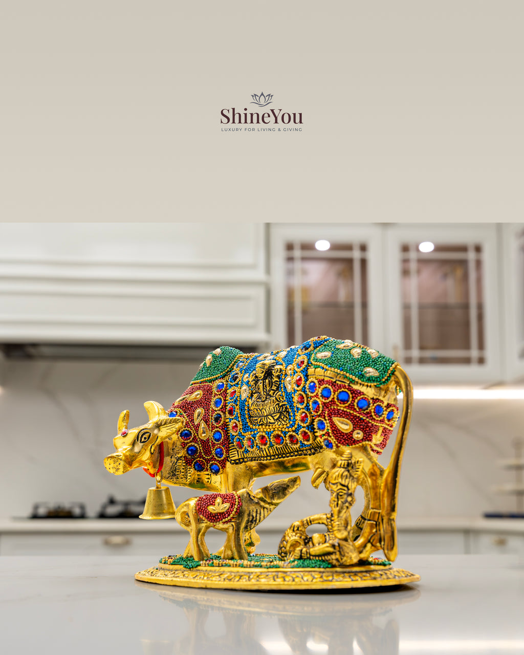 ShineYou Multicolour Kamdhenu Cow with Calf – Decorative Brass Idol with Lakshmi Motif & Lord Shiva