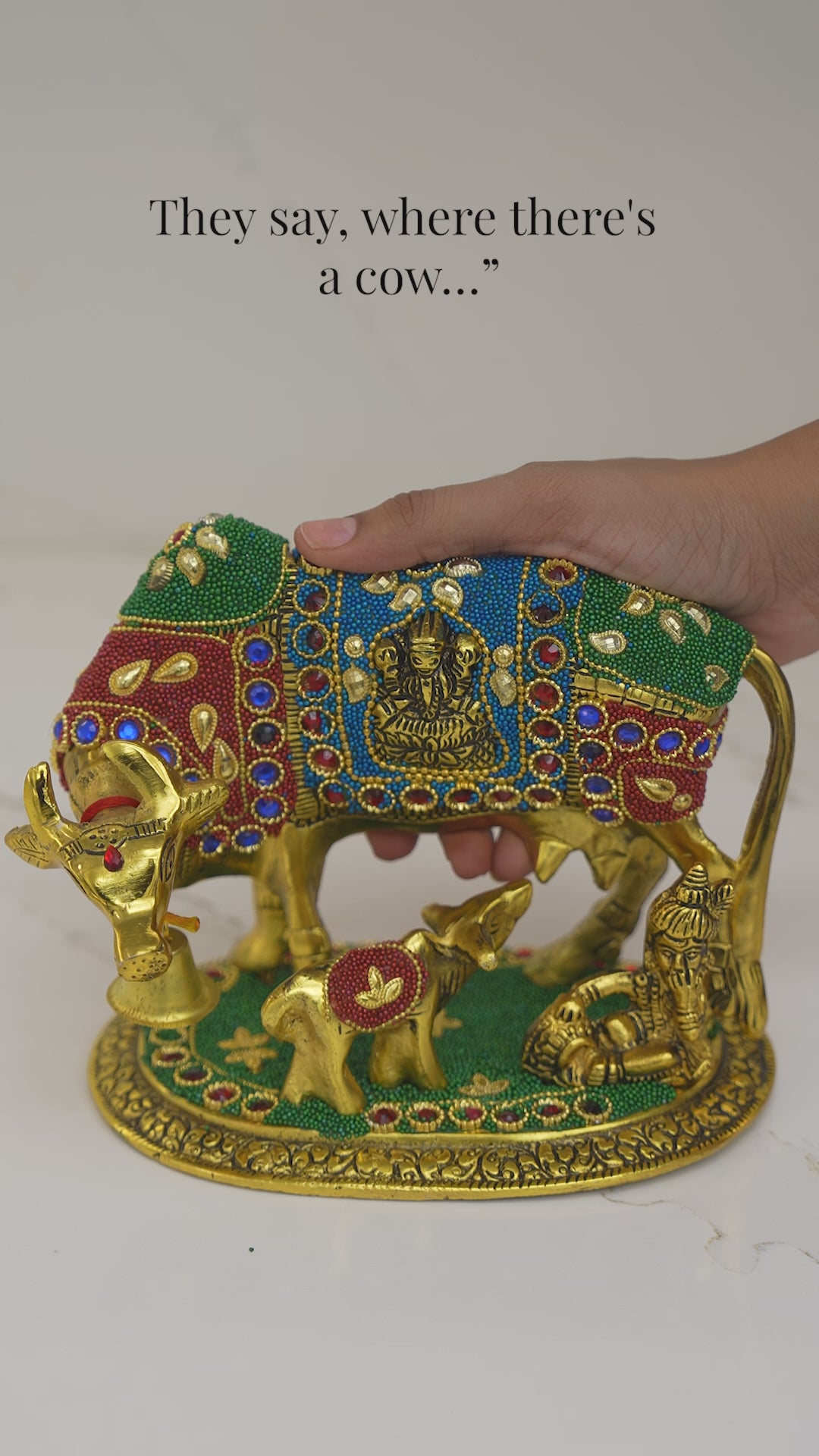 ShineYou Multicolour Kamdhenu Cow with Calf – Decorative Brass Idol with Lakshmi Motif & Lord Shiva
